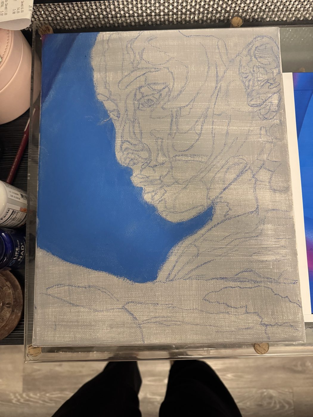 Portrait in Blue and Red, in progress