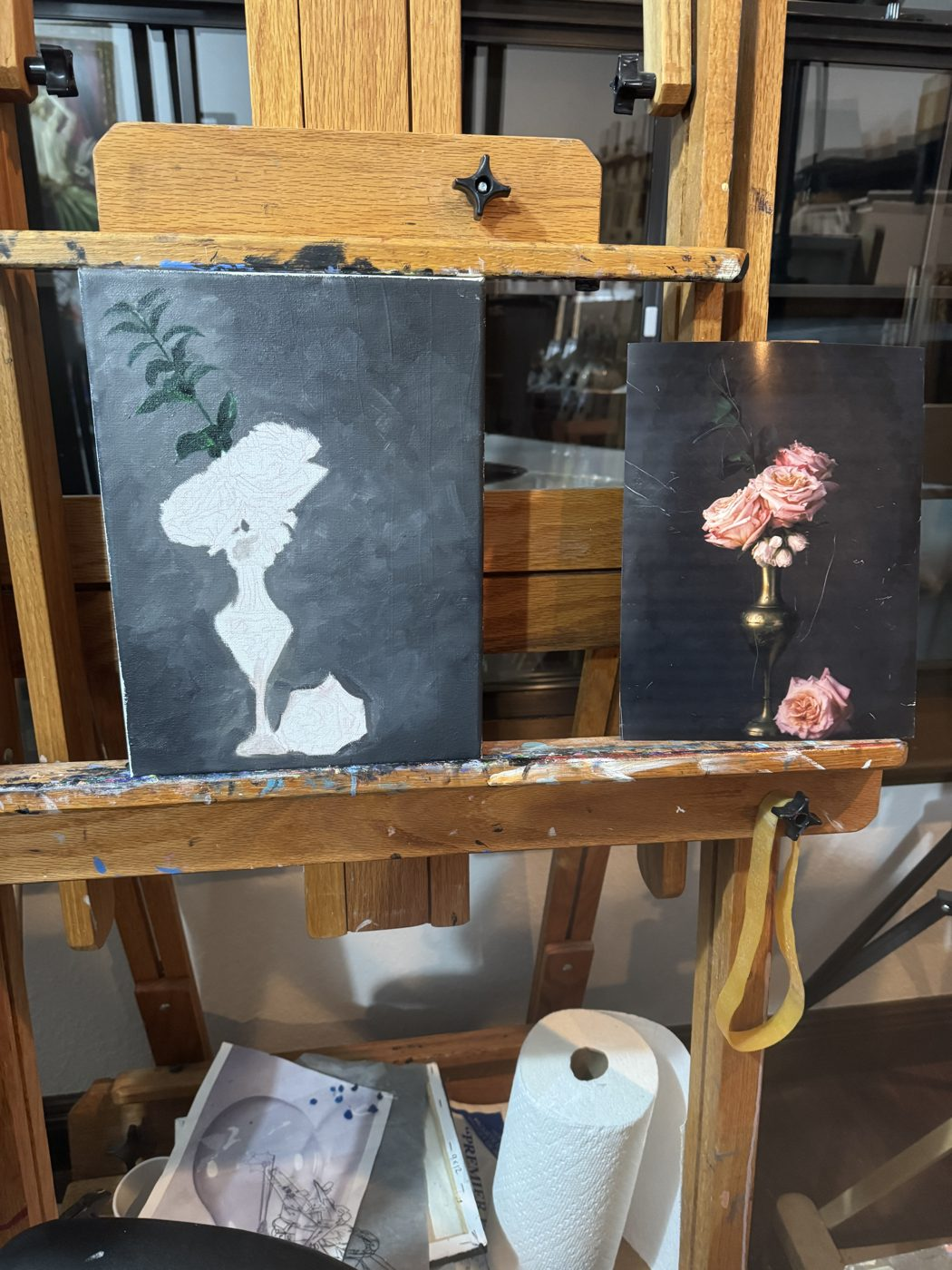 Pink Roses in Bronze Vase, in progress